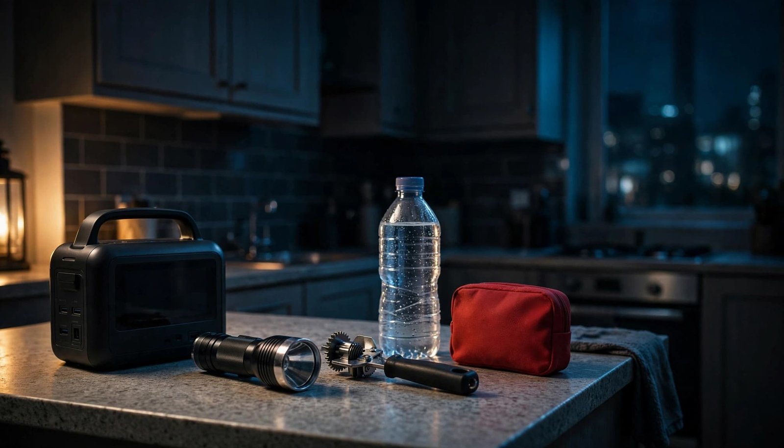 A power station, flashlight, can opener, water bottle, and red first-aid pouch on a kitchen counter.