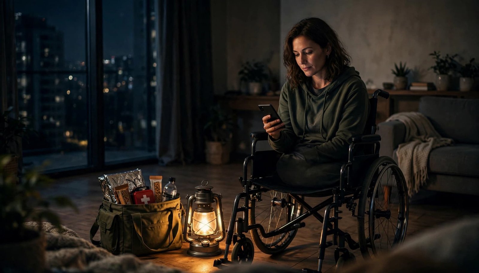A woman in a wheelchair sits in a dimly lit apartment looking at her phone next to an emergency kit and a lit lantern.