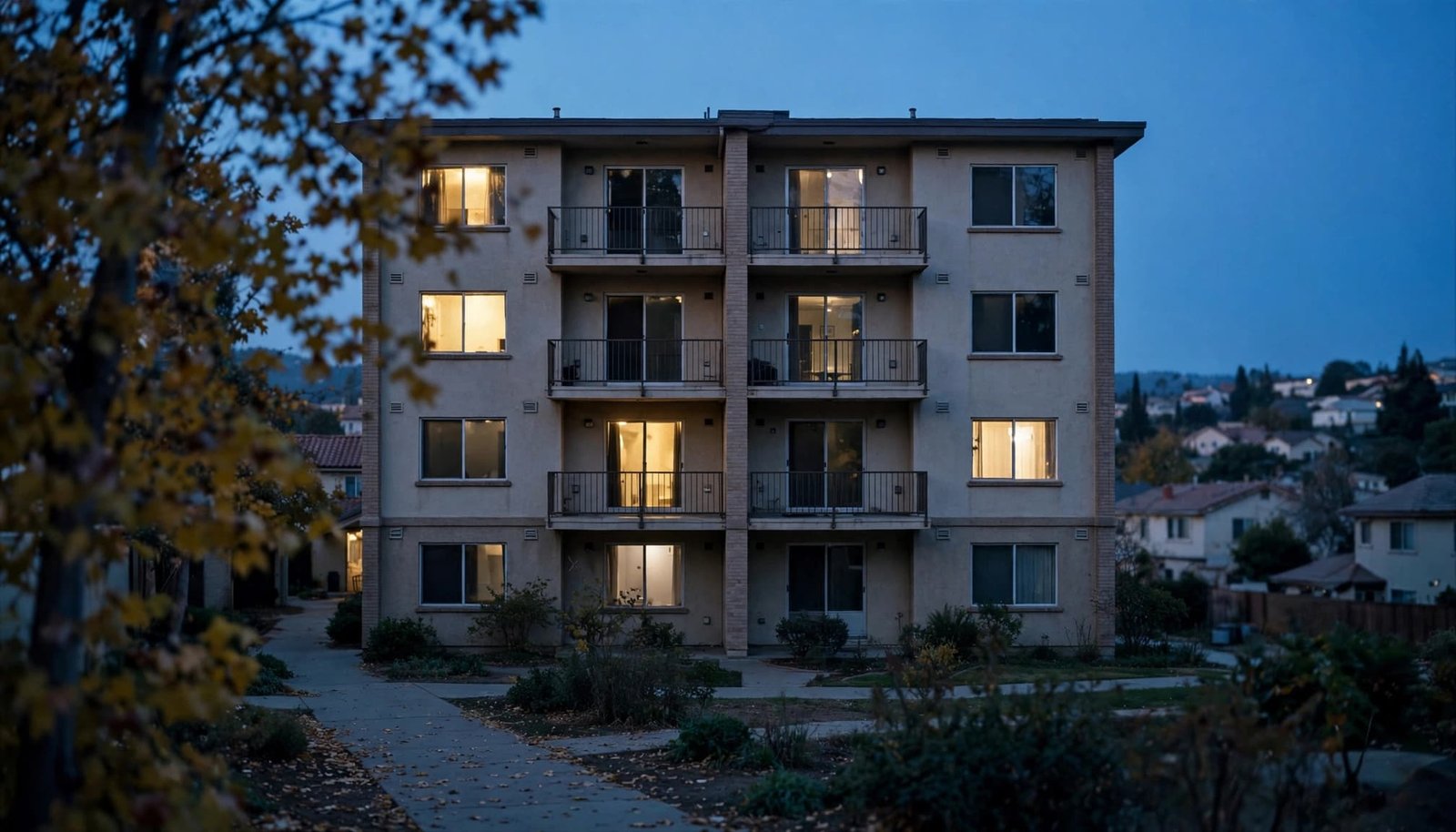 An apartment building at dusk with some windows glowing unevenly and trees in the foreground.