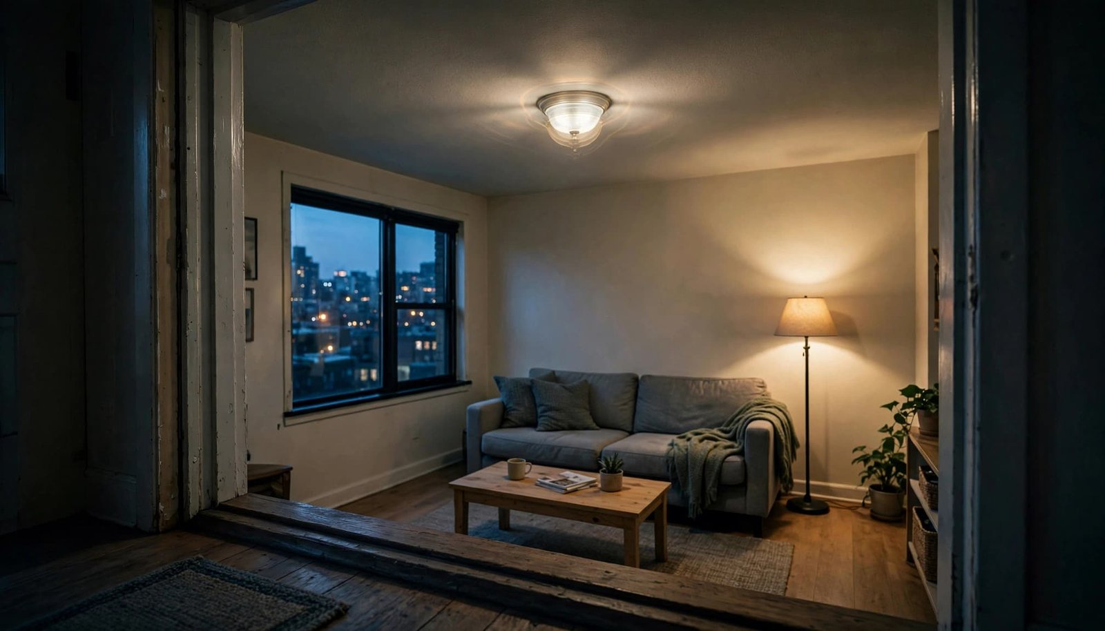 A living room at dusk with a sofa, a floor lamp, and a window showing city lights outside.