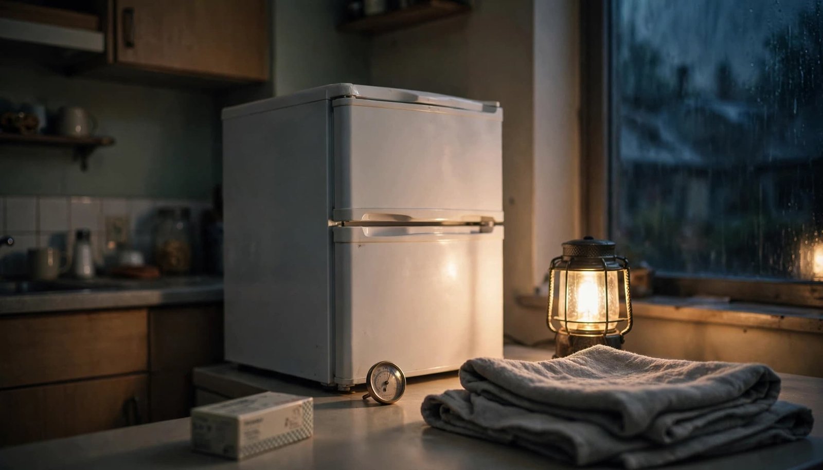 A small white refrigerator sits on a kitchen counter next to a lantern, thermometer, and folded towel.