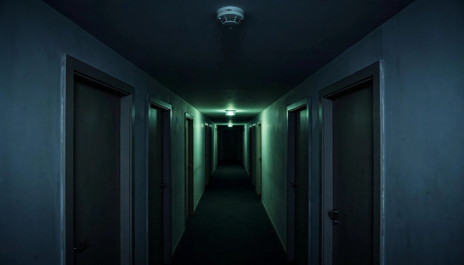 A long, dark apartment hallway with closed doors on both sides and a smoke detector on the ceiling.