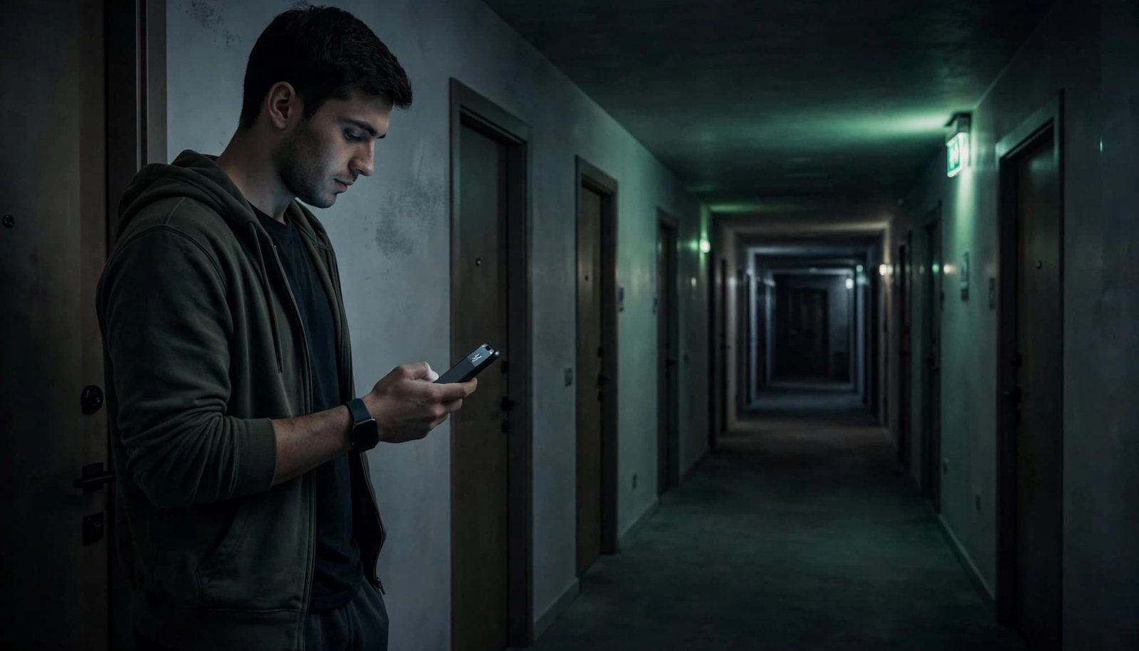 A resident checks a phone in a dim apartment hallway lit by emergency lights.
