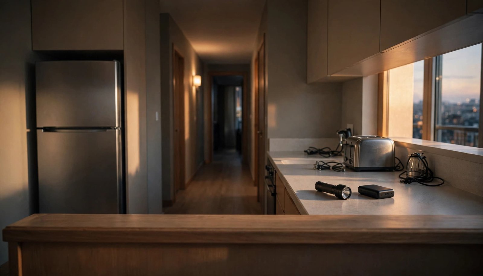A tidy apartment kitchen counter holds a flashlight and power bank, with a toaster and unplugged appliances nearby.