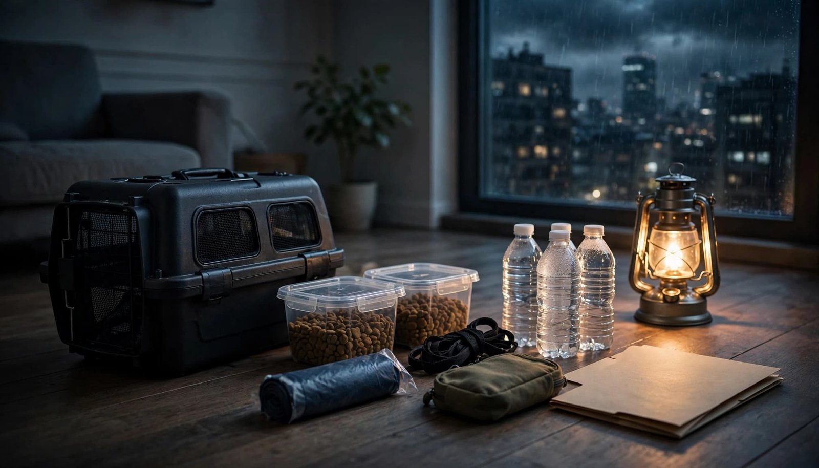 Pet supplies and a closed carrier arranged on an apartment floor beside a glowing lantern.
