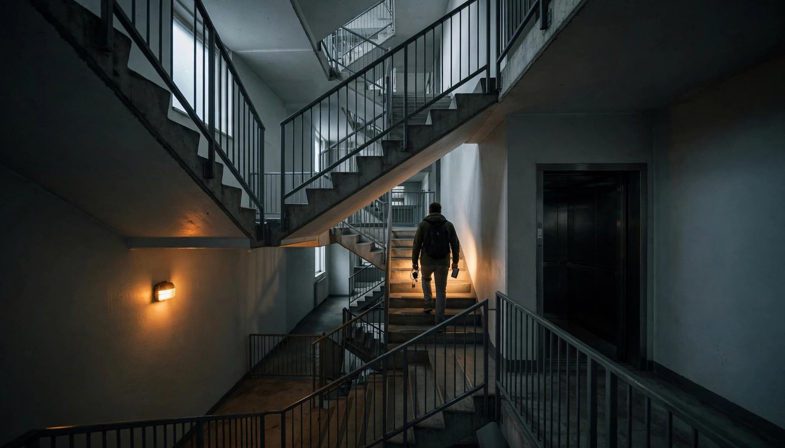 A person seen from behind walks up the stairs in a concrete apartment stairwell.