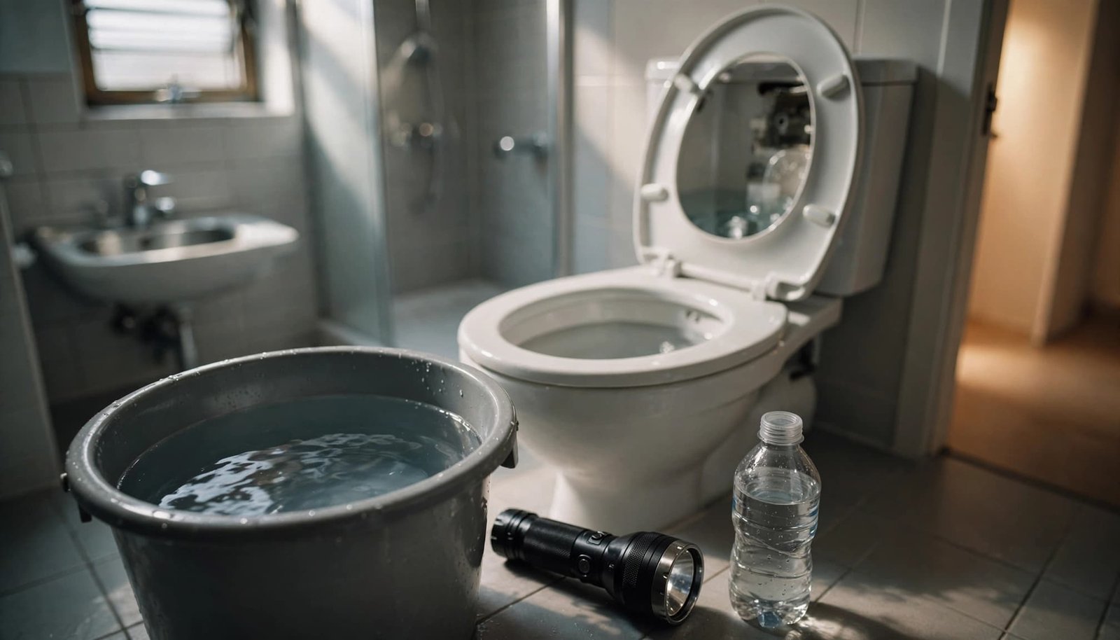 A bucket of water, flashlight, and sealed bottle sit beside a partly lifted toilet tank lid.