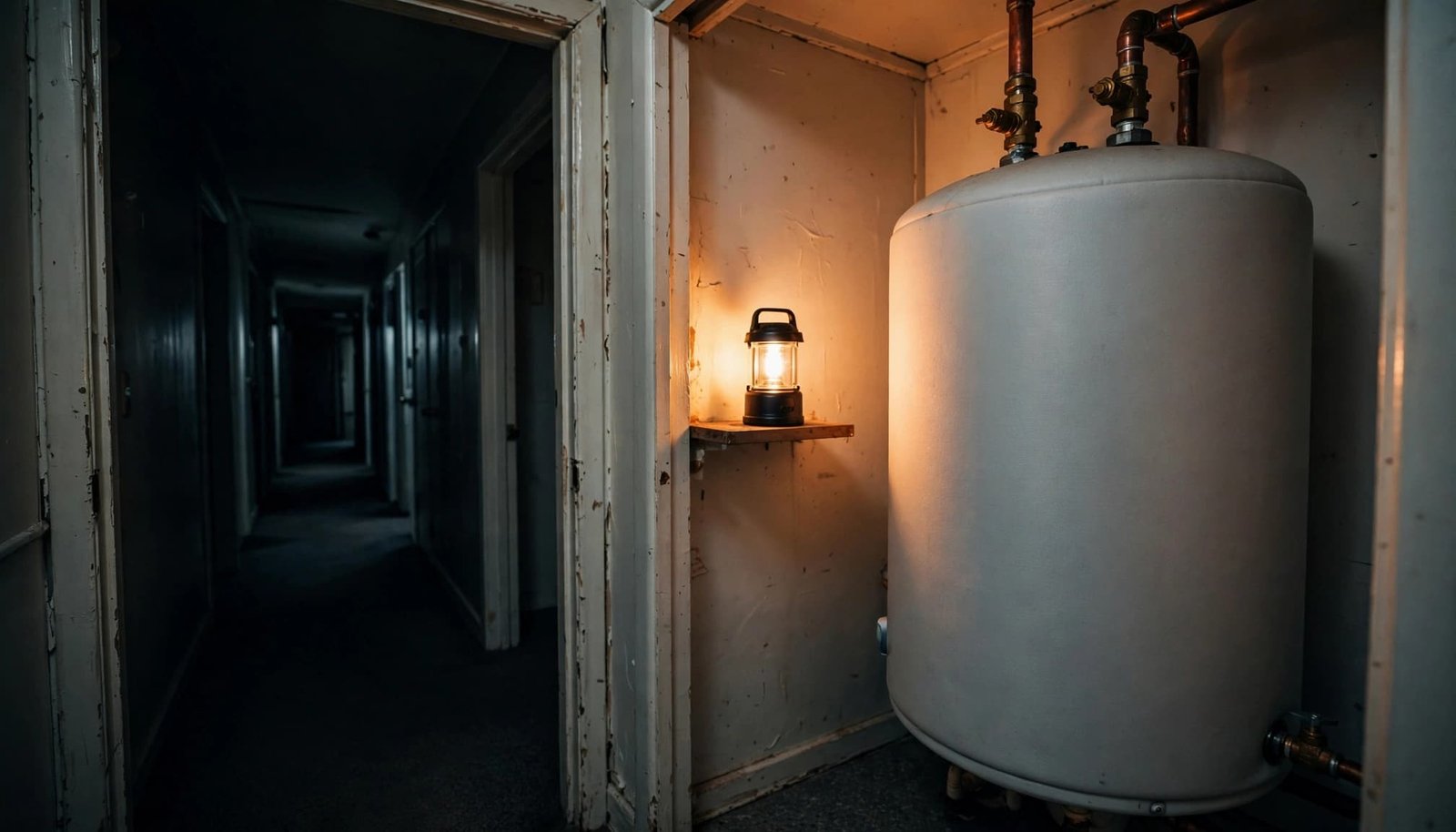 A water heater in a utility closet illuminated by a small lantern, with a dim apartment hallway visible.