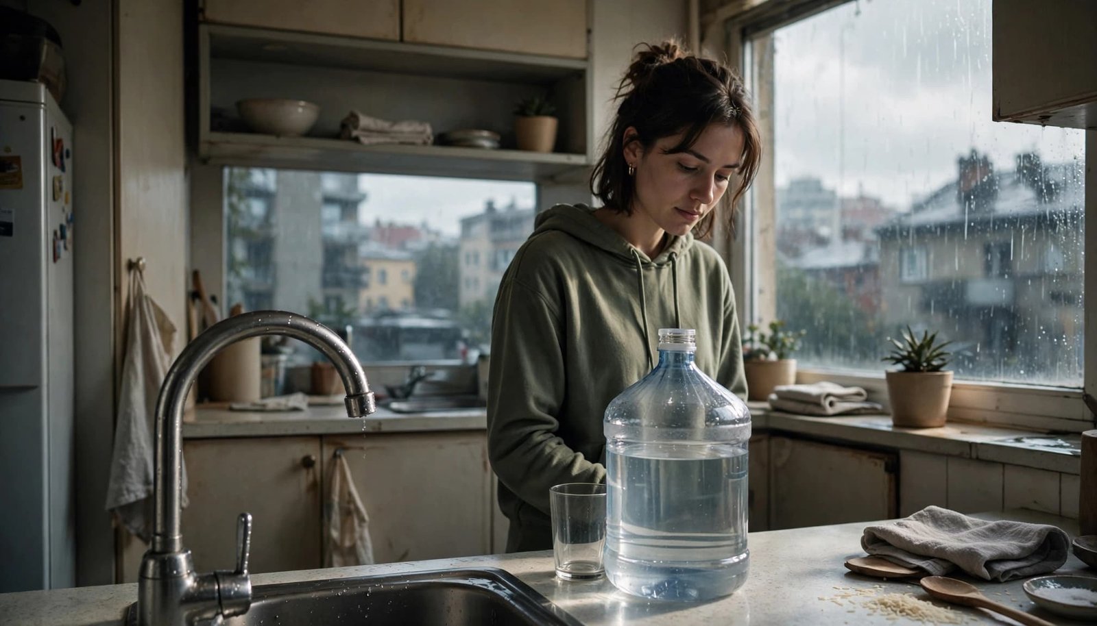 A renter checks a capped water jug beside a dry faucet in a small kitchen.