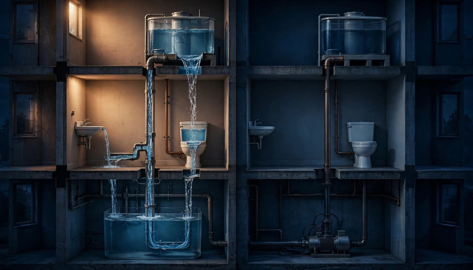 A cutaway illustration comparing two apartment water systems, one flowing and one stopped.