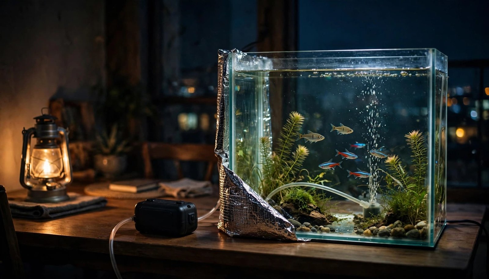 Healthy fish swim beside rising bubbles in a lantern-lit aquarium during a power outage.