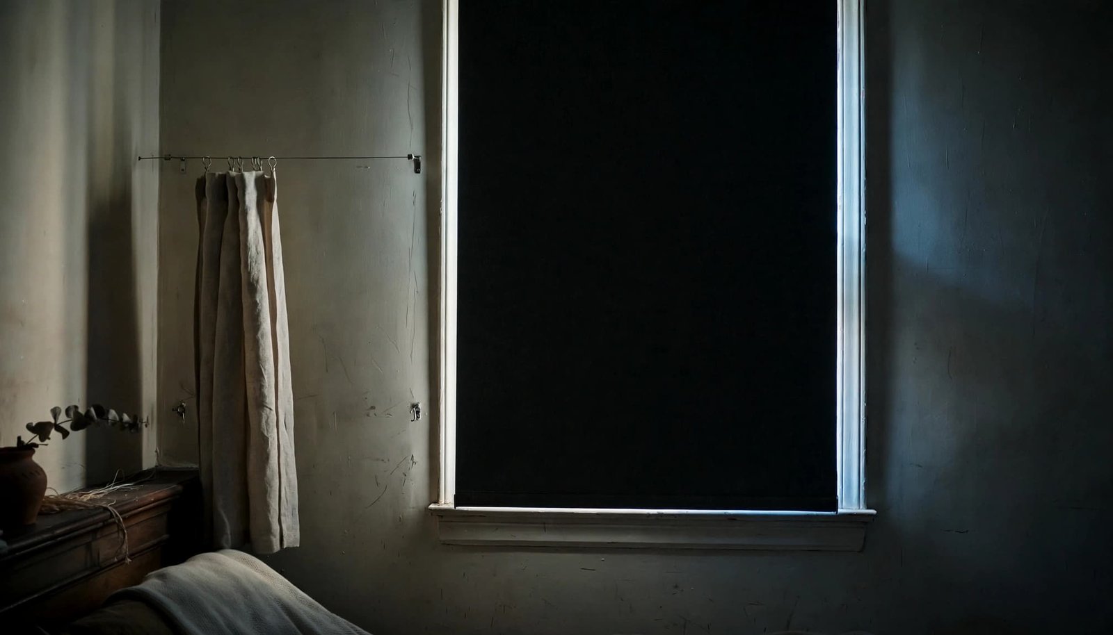 A lowered black roller shade in a window letting in light around the edges, with a curtain panel hanging nearby.
