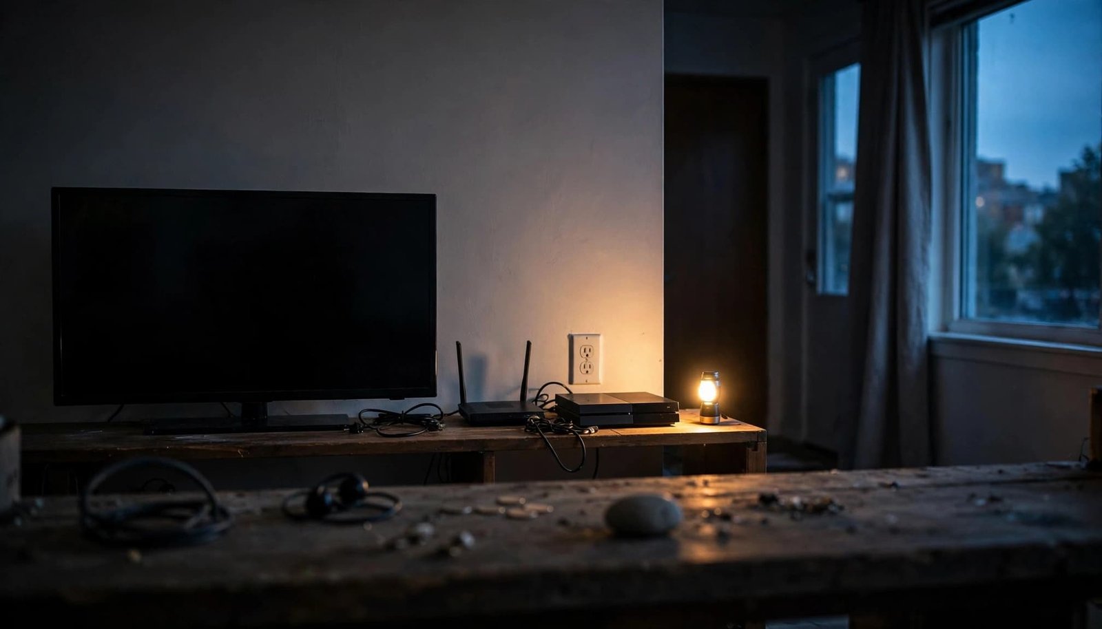 A living room at dusk with a TV, router, and game console on a table, lit by a small lamp.