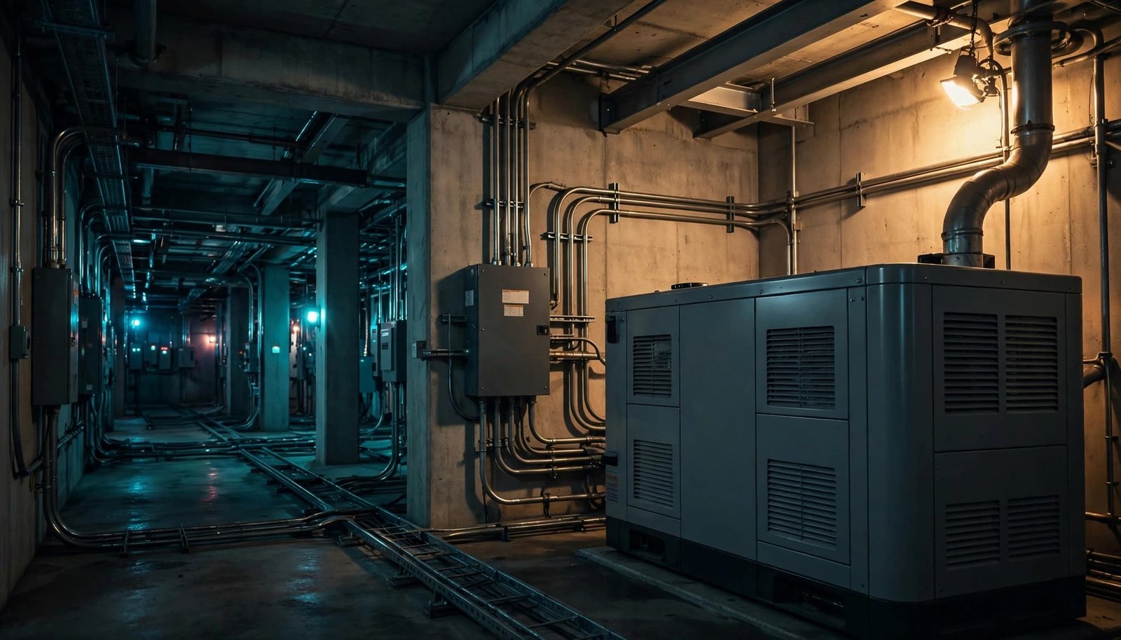 A standby generator sits beside conduit and electrical panels in a dim utility room.