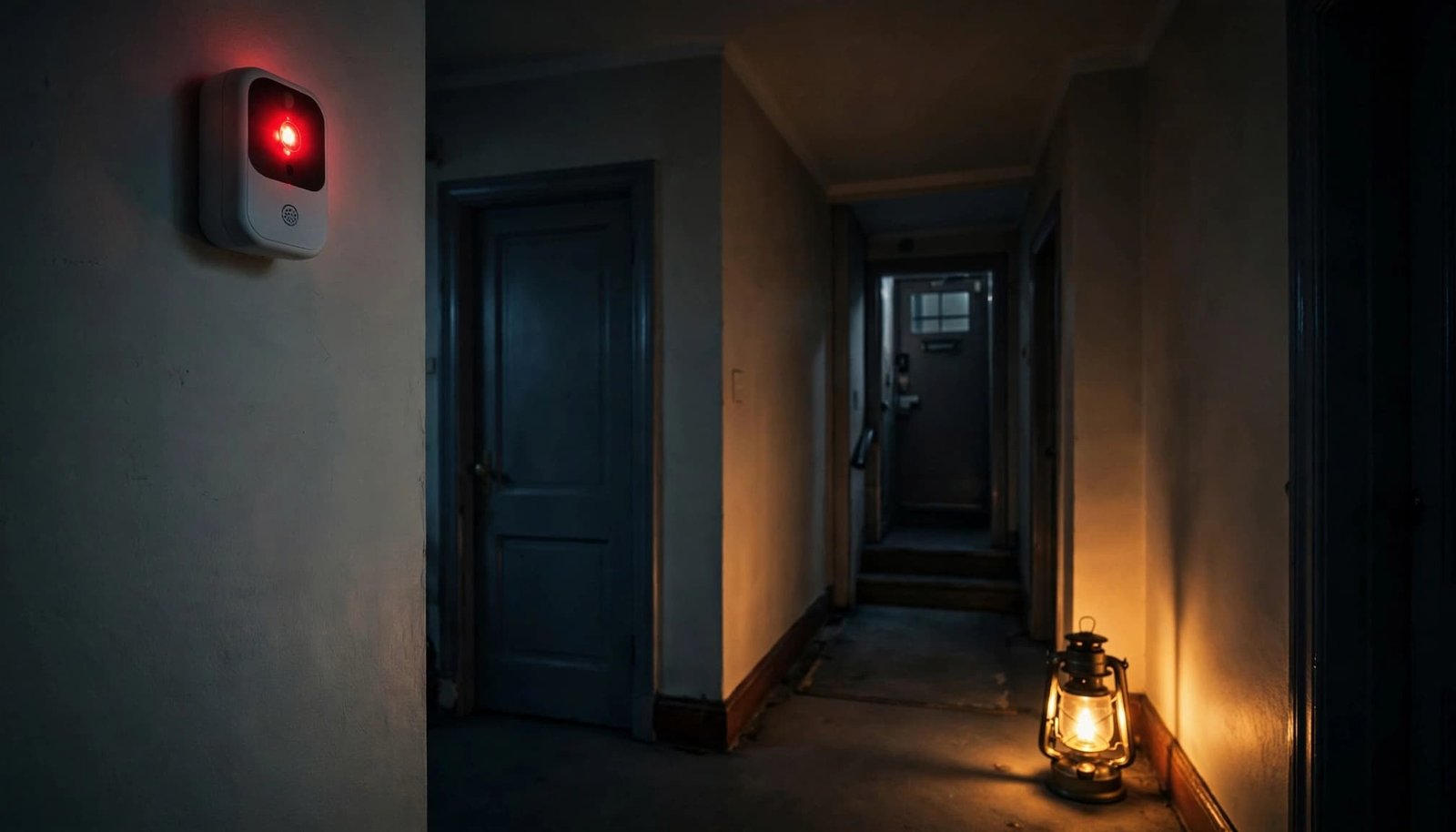 A glowing carbon monoxide alarm and lantern light a dark apartment hallway.
