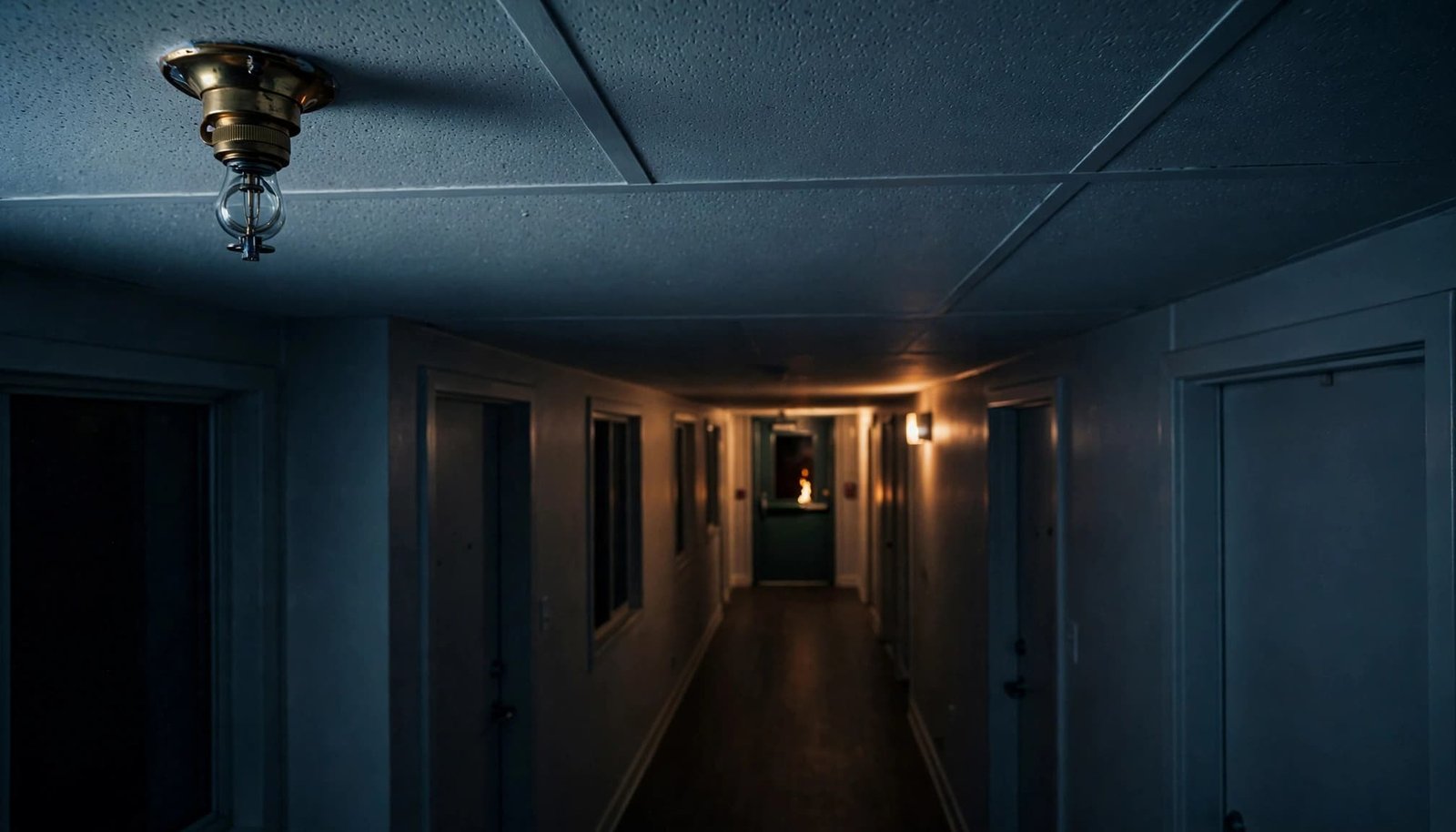One ceiling sprinkler overlooks a dark hallway lit by amber emergency lights.