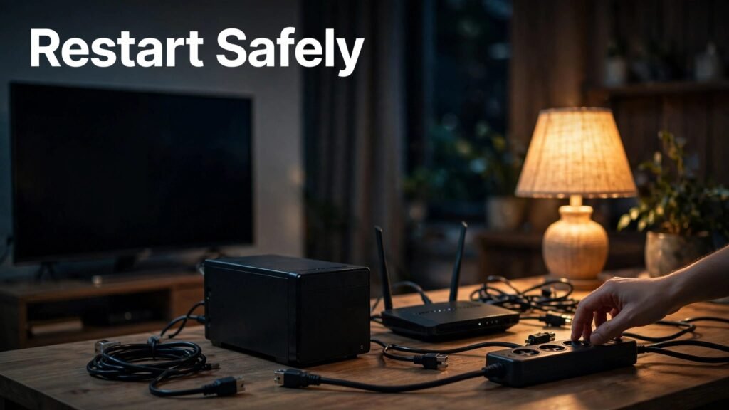 A hand reaches toward a power strip beside unplugged home electronics and a glowing lamp.