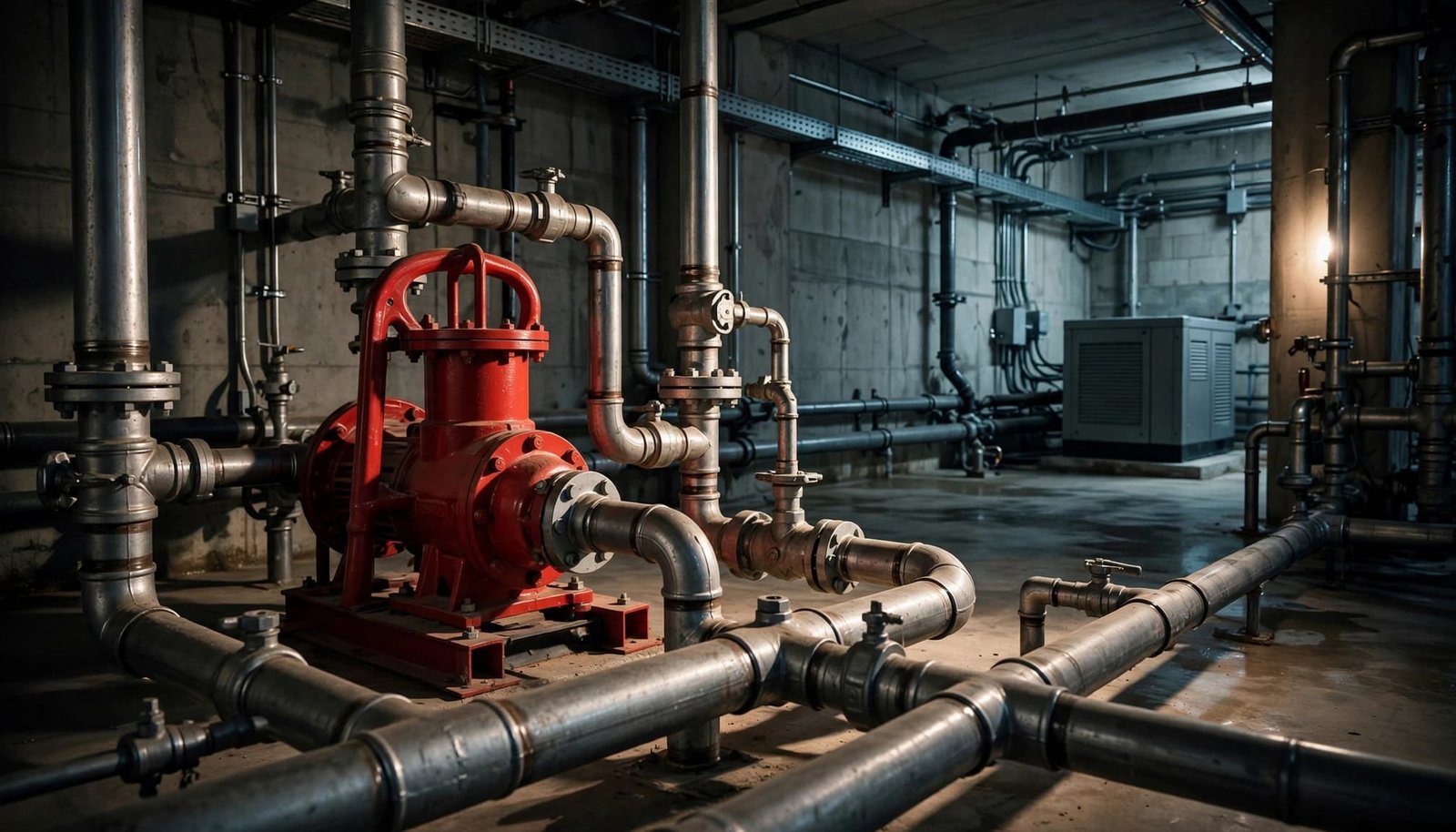A red fire pump and pipes stand in front of a generator enclosure.