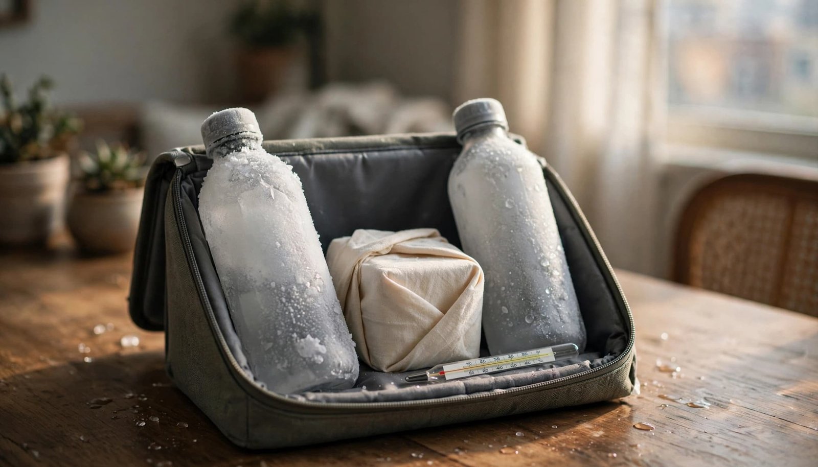 An open insulated bag with two frozen bottles, a wrapped package, and a thermometer.