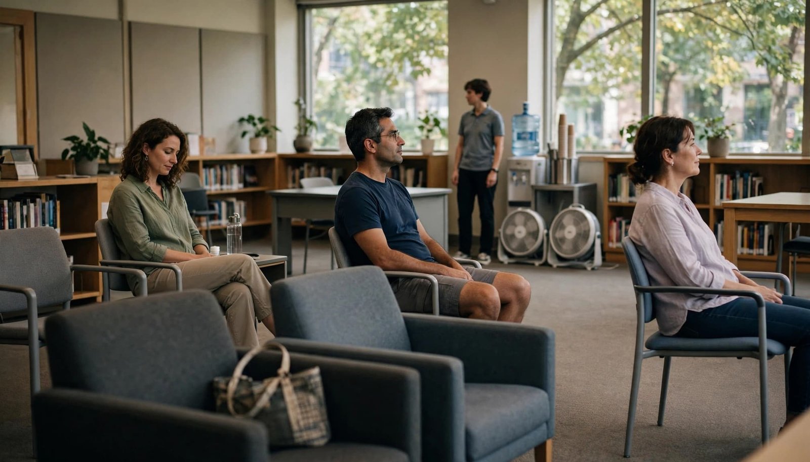 Three visitors rest apart in a library room with fans and a water station.