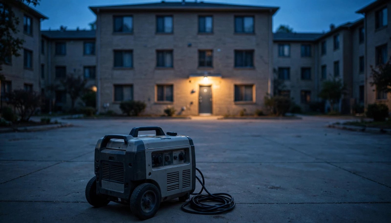 A generator sits on pavement far from an apartment building at dusk.