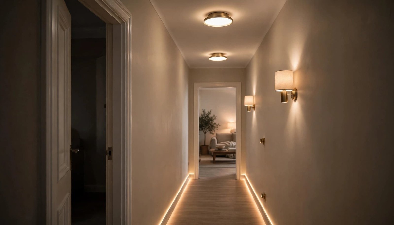 A narrow apartment hallway lit by ceiling lights, wall sconces, and an LED strip along the floor.
