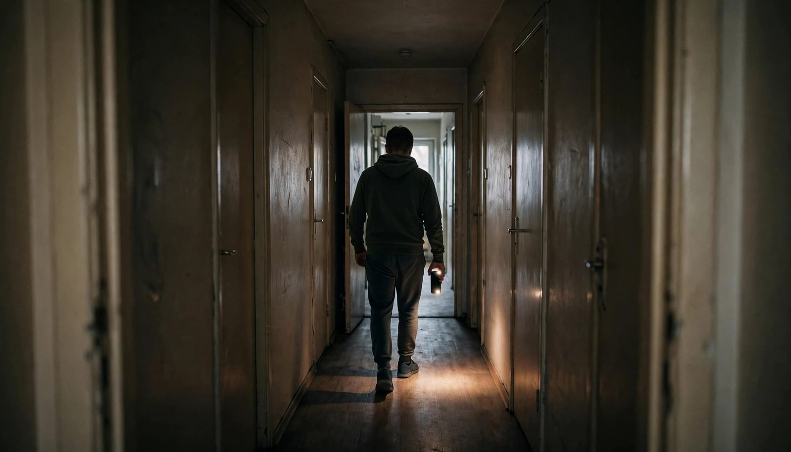 A person walks away down a narrow, dark apartment hallway, holding a phone flashlight low.