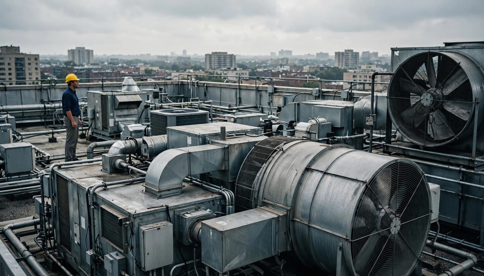 An engineer inspects rooftop HVAC equipment against a cloudy city skyline.