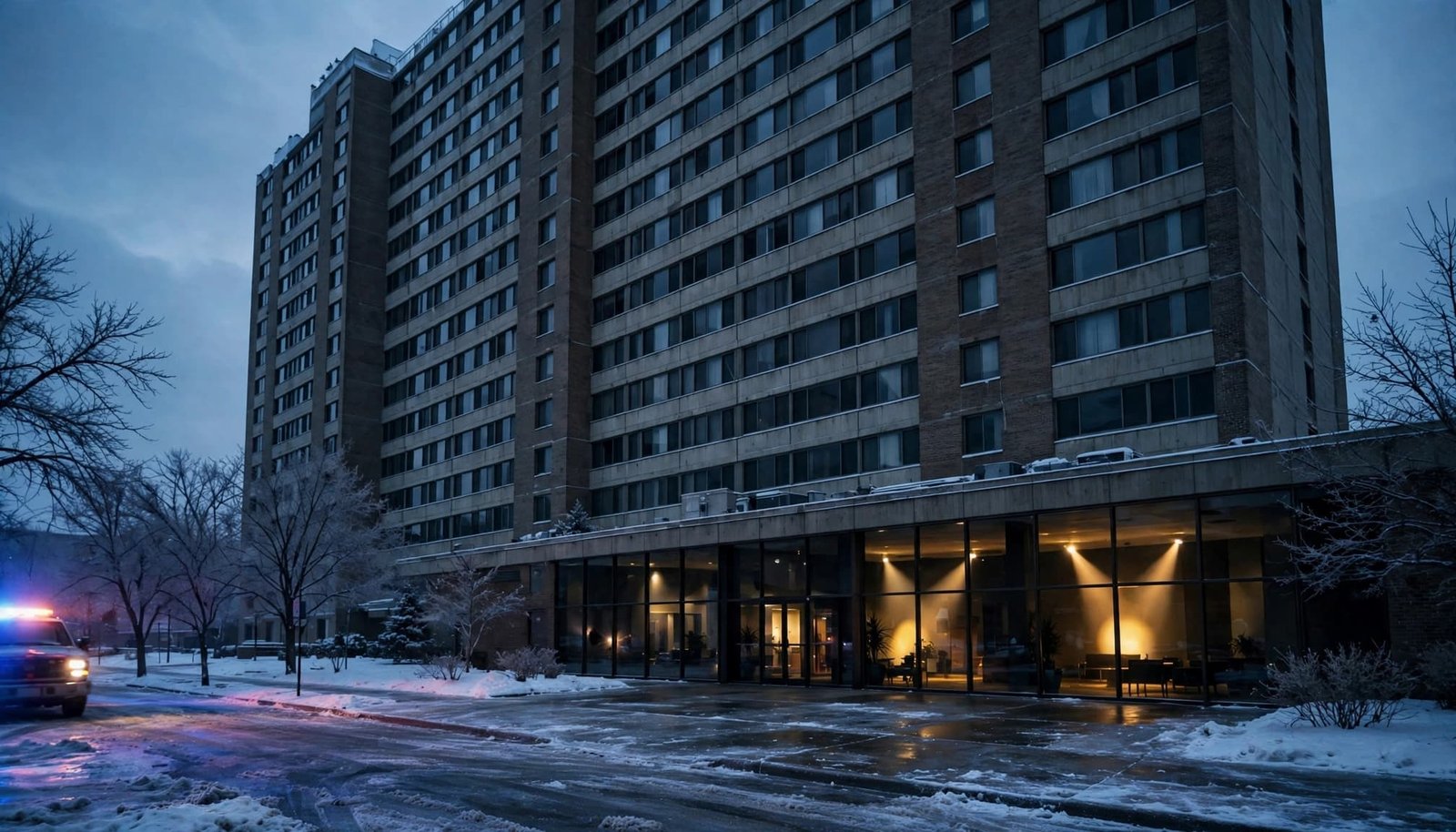 A wide exterior shot of an apartment building in winter with a police vehicle on the snowy street.