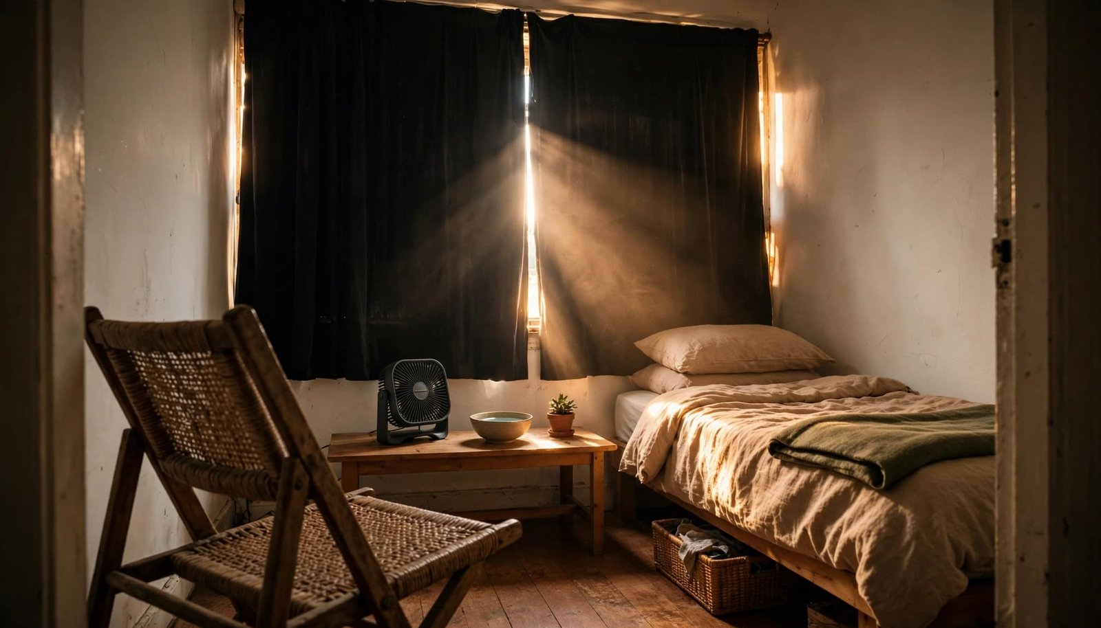 A small fan and bowl of water sit beside a chair in a curtained bedroom.